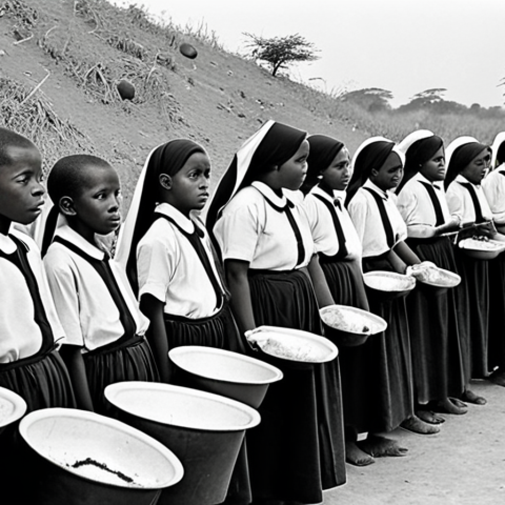 **

A black and white photograph in the style of a 1960s documentary, depicting Biafran children with distended bellies, waiting for food rations. Catholic nuns in traditional habits are distributing the meager supplies. The scene is dusty and barren, conveying a sense of desperation and famine. Focus on the children's eyes, highlighting their vulnerability.

**