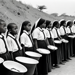 **

A black and white photograph in the style of a 1960s documentary, depicting Biafran children with distended bellies, waiting for food rations. Catholic nuns in traditional habits are distributing the meager supplies. The scene is dusty and barren, conveying a sense of desperation and famine. Focus on the children's eyes, highlighting their vulnerability.

**