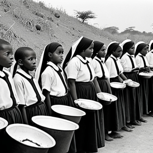 Home 4 **
A black and white photograph in the style of a 1960s documentary, depicting Biafran children with distended bellies, waiting for food rations. Catholic nuns in traditional habits are distributing the meager supplies. The scene is dusty and barren, conveying a sense of desperation and famine. Focus on the children's eyes, highlighting their vulnerability.
**