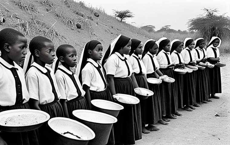 **

A black and white photograph in the style of a 1960s documentary, depicting Biafran children with distended bellies, waiting for food rations. Catholic nuns in traditional habits are distributing the meager supplies. The scene is dusty and barren, conveying a sense of desperation and famine. Focus on the children's eyes, highlighting their vulnerability.

**