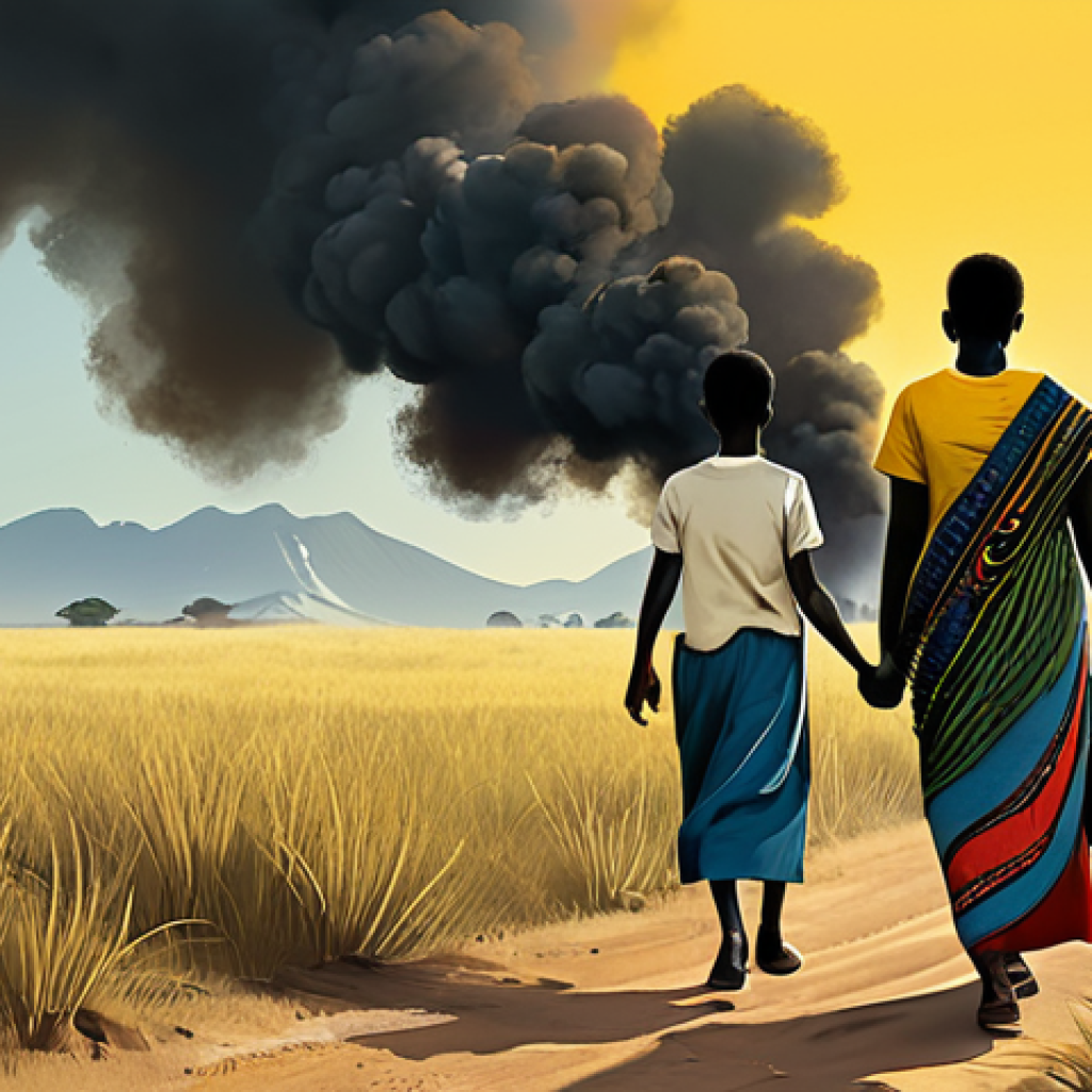 Chimamanda Ngozi Adichie - "Half of a Yellow Sun" Book Cover Style**

"A book cover illustration in the style of 'Half of a Yellow Sun' by Chimamanda Ngozi Adichie. Depict a scene of a family fleeing through a dry, grassy landscape, with smoke rising in the distance. The people are fully clothed in simple, worn clothing. The colors are muted and earthy, with a dominant yellow tone, referencing the book's title.  Include the implied text 'Biafra' or 'War' in the title, rendered in a slightly distressed typeface.  Safe for work, appropriate content, fully clothed, professional, perfect anatomy, natural proportions, family-friendly. High quality illustration."

**