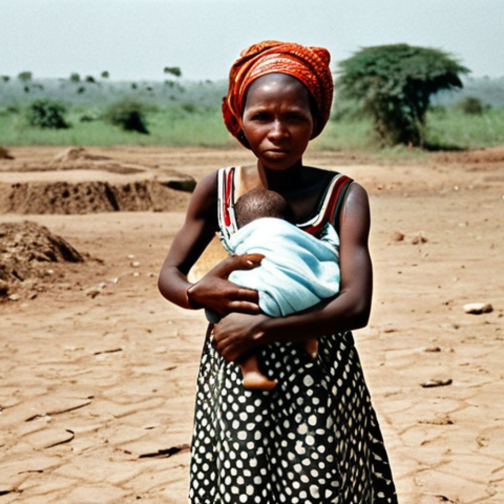 Biafran Mother and Child**

"A mother in Biafra, Africa, during the late 1960s, holding her child, modest clothing, surrounded by a dry, arid landscape. Dust and sun-baked earth. Showing resilience and quiet strength. fully clothed, appropriate content, safe for work, perfect anatomy, natural proportions, professional, family-friendly, documentary photography style."

**