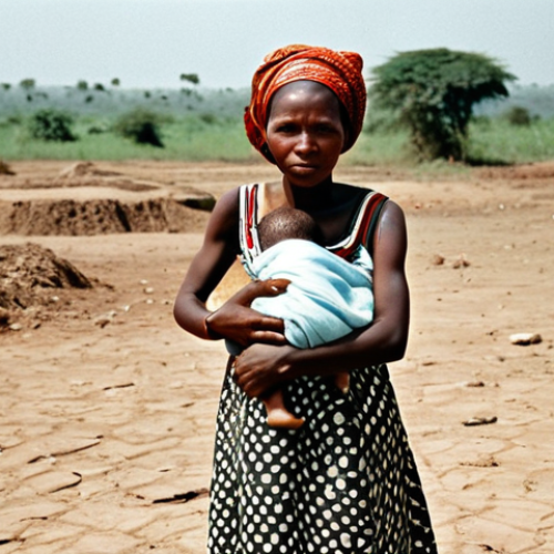 Biafran Mother and Child**

"A mother in Biafra, Africa, during the late 1960s, holding her child, modest clothing, surrounded by a dry, arid landscape. Dust and sun-baked earth. Showing resilience and quiet strength. fully clothed, appropriate content, safe for work, perfect anatomy, natural proportions, professional, family-friendly, documentary photography style."

**