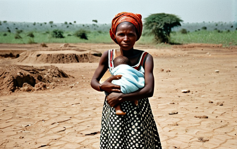 Biafran Mother and Child**

"A mother in Biafra, Africa, during the late 1960s, holding her child, modest clothing, surrounded by a dry, arid landscape. Dust and sun-baked earth. Showing resilience and quiet strength. fully clothed, appropriate content, safe for work, perfect anatomy, natural proportions, professional, family-friendly, documentary photography style."

**