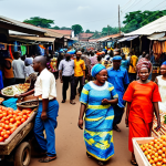 비아프라 여행 안전 정보 - Bustling Enugu Market**

"A vibrant marketplace scene in Enugu, Nigeria, fully clothed vendors selli...