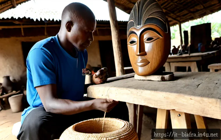 비아프라 공화국의 문화유산 - Photorealistic cultural heritage scene in southeastern Nigeria, an Igbo master artisan carving a tra...