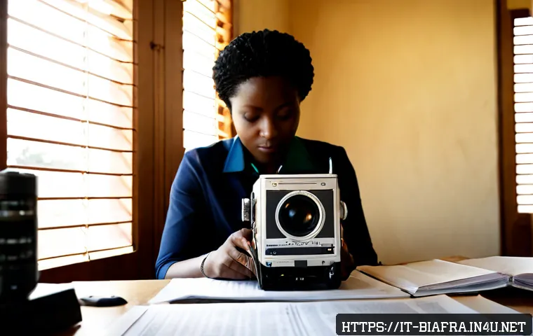 비아프라 공화국의 언론 자유 - Photorealistic documentary scene of an independent West African journalist in a modest newsroom, rev...
